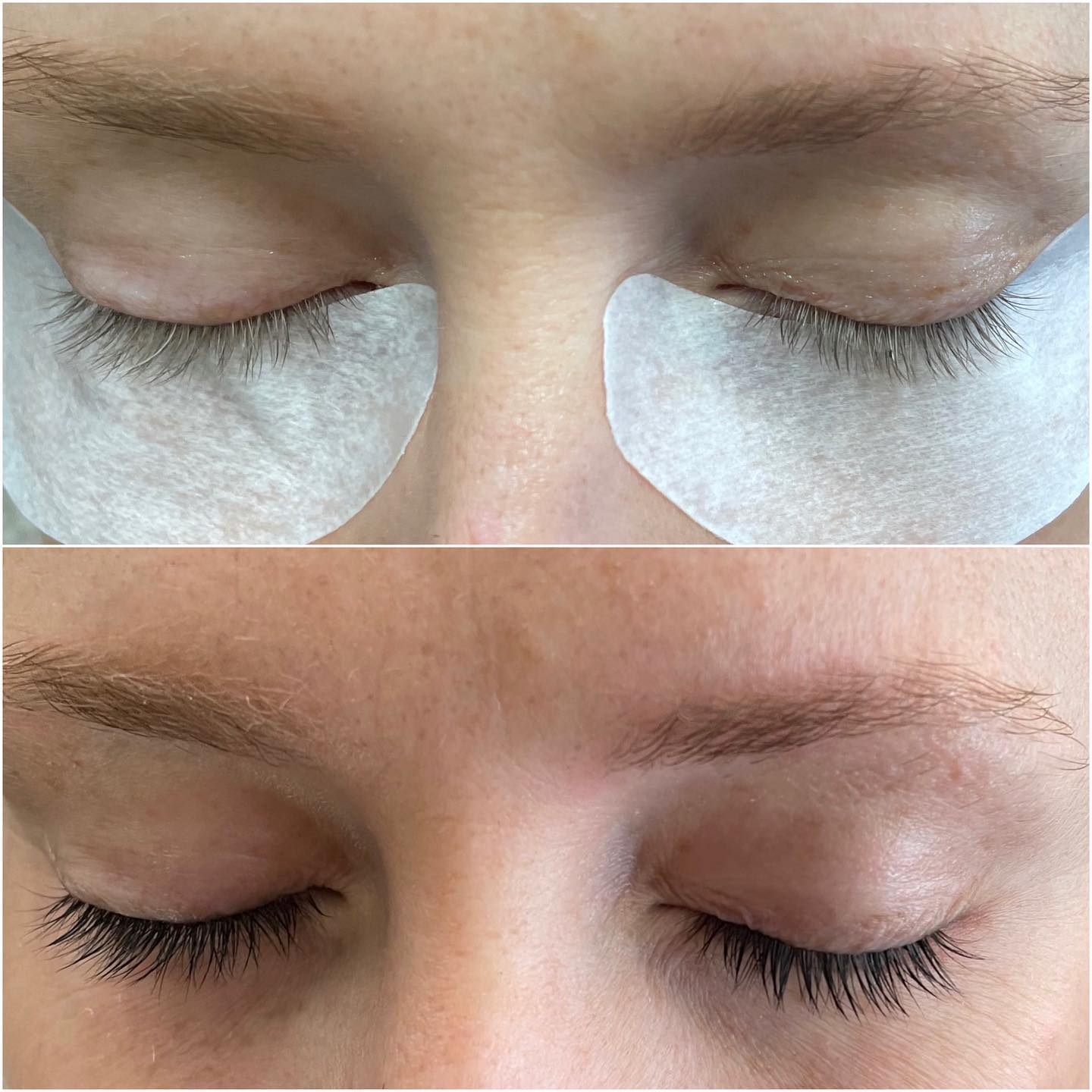 Before and after of an eyelash lift with tint.